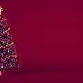 Christmas tree close up with present boxes on burgundy square background with snow and copy space. Royalty Free Stock Photo