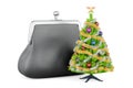 Christmas tree with coin purse. Christmas shopping concept, 3D rendering