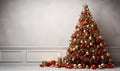 christmas tree with colorful christmas ball decorations, gifts, on grey background and space for copy,