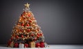 christmas tree with colorful christmas ball decorations, gifts, on grey background and space for copy,