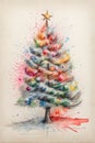 Christmas tree with colorful balls, watercolor painting on old paper background