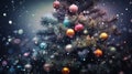 Christmas tree with colorful bubbles and snowflakes, festive decor.