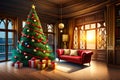 Christmas tree with colorful decoration of Xmas objects and gift boxes made with Generative AI