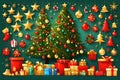 Christmas tree with decoration of Xmas objects and gift boxes made with Generative AI