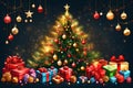 Christmas tree with decoration of Xmas objects and gift boxes made with Generative AI