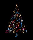 2019 christmas tree with colorful metal musical notes isolated on black