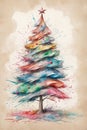 Christmas tree with colorful watercolor painting on old paper background