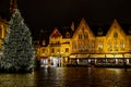 A Christmas tree and colourful lights in Brugge` city centre. A night landscape of Brugge, Belgium.