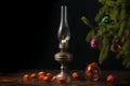 Christmas fir tree with cones decorated with multi-colored glass balls on a black background