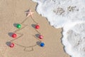 Christmas tree contour with decorations, star and wave on the beach