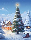 Christmas tree covered with snow with Red Decorations winter landscape house in the background. Xmas tree as a symbol of Christmas Royalty Free Stock Photo