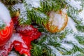 Christmas tree covered with snow. Xmas tree toys, balls and garland. Close-up Royalty Free Stock Photo