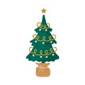 Christmas tree in craft paper. Holiday spruce with garland and star in pot. Cozy home decoration on white background