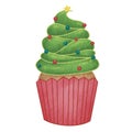 Christmas tree cup cake watercolor illustration for decoration on Christmas holiday event Royalty Free Stock Photo