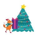 Christmas tree and cute fox holding a gift box Royalty Free Stock Photo