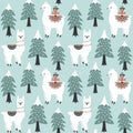 Christmas tree and cute lama with gift boxes seamless pattern