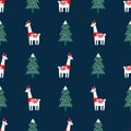 Christmas tree and cute lama with xmas hat seamless pattern on dark blue background.