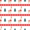 Christmas tree and cute lama with xmas hat seamless pattern.