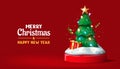 Christmas tree. 3d merry xmas banner, new year background, happy greeting card with red decoration. Fir with toys Royalty Free Stock Photo