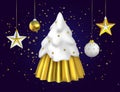 Christmas tree 3d white gold decoration ornament, Xmas toy render, New Year holiday snow pine rendering card