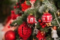 Christmas tree decor in red style and bokeh. Christmas tree, Christmas decorations, toys close-up and copy space. Hygge New Years Royalty Free Stock Photo