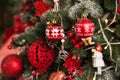 Christmas tree decor in red style and bokeh. Christmas tree, Christmas decorations, toys close-up and copy space. Hygge New Years Royalty Free Stock Photo