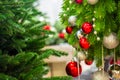 Christmas tree decorated with balls of red, gold and silver colors Royalty Free Stock Photo