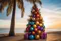 Christmas tree decorated with balls on a sandy tropical exotic beach at sunset Royalty Free Stock Photo