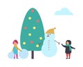 Christmas Tree and Kids with Balls Snowman Vector Royalty Free Stock Photo