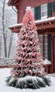 A Christmas Tree Decorated With Candy Canes In A Snowy Outdoor Settin. Generative AI