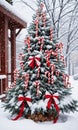 A Christmas Tree Decorated With Candy Canes In A Snowy Outdoor Settin. Generative AI