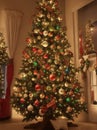 A Christmas tree decorated with colorful lights and ornaments Royalty Free Stock Photo