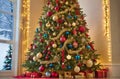 A Christmas tree decorated with colorful lights and ornaments in a variety of shapes and sizes, Generated AI Royalty Free Stock Photo