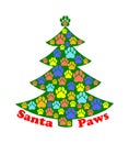 a Christmas tree decorated with dog paws and text Santa Paws