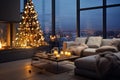 Christmas decorated evening cozy room design ,kamin and candle blurred light near sofa