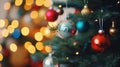 Christmas tree decorated is festively decorated with vintage colorful balls, garlands and toys close up Royalty Free Stock Photo