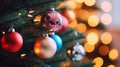 Christmas tree decorated is festively decorated with vintage colorful balls, garlands and toys close up Royalty Free Stock Photo