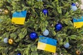 Christmas tree decorated with flags of Ukraine Royalty Free Stock Photo