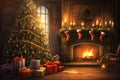 A Christmas tree is decorated in front of the fireplace in a cozy house with a few Christmas presents. Royalty Free Stock Photo