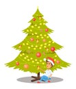 Christmas Tree and Sitting Boy Vector Illustration Royalty Free Stock Photo