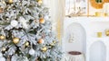 room interior with Christmas tree decorated with golden balls toys on blurred, sparkling and fabulous fairy tale background with Royalty Free Stock Photo