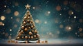 A Christmas tree decorated with golden balls and gift boxes filled with beautiful background bokeh and empty space on the sides