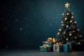 Christmas tree decorated with golden baubles and gift boxes. Christmas background