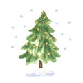 Christmas tree decorated with golden stars garland hand painted watercolor illustration