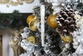 Christmas tree decorated for the holiday tree, gold balls, toy i