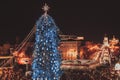 Christmas tree decorated with lights, aerial view from  Sophia Cathedral . Kiev, Ukraine Royalty Free Stock Photo