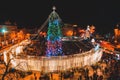 Christmas tree decorated with lights, aerial view from  Sophia Cathedral . Kiev, Ukraine Royalty Free Stock Photo