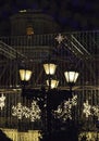 Christmas tree decorated with lights and Sophia Cathedral on background. Kiev, Ukraine