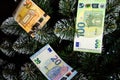 Christmas tree decorated with money. Euro banknotes as Christmas tree toy. Rich year concept. Best gift for Christmas. Happy new Royalty Free Stock Photo