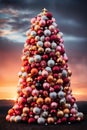 Christmas tree decorated for New Year\'s holiday, with gifts and balls, sunset sky, winter season Royalty Free Stock Photo